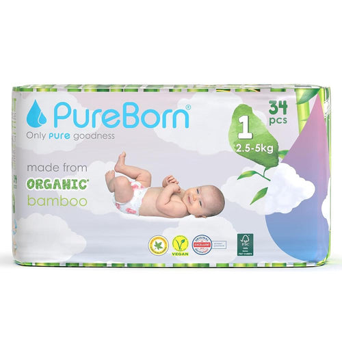 PureBorn Organic Bamboo (Size-1) Baby Disposable Diapers | 34 Pieces | Upto 5 kgs