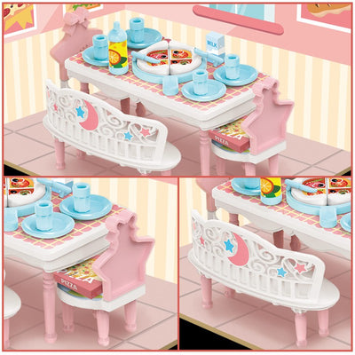 DIY Dining Room Wooden Doll House with Plastic Furniture, Dollhouse