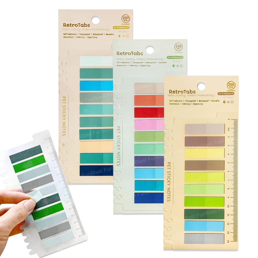 FunBlast Transparent Sticky Notes | Pastel Page Markers & Index Tabs with Ruler | 600 Pieces (Set 0f 3)