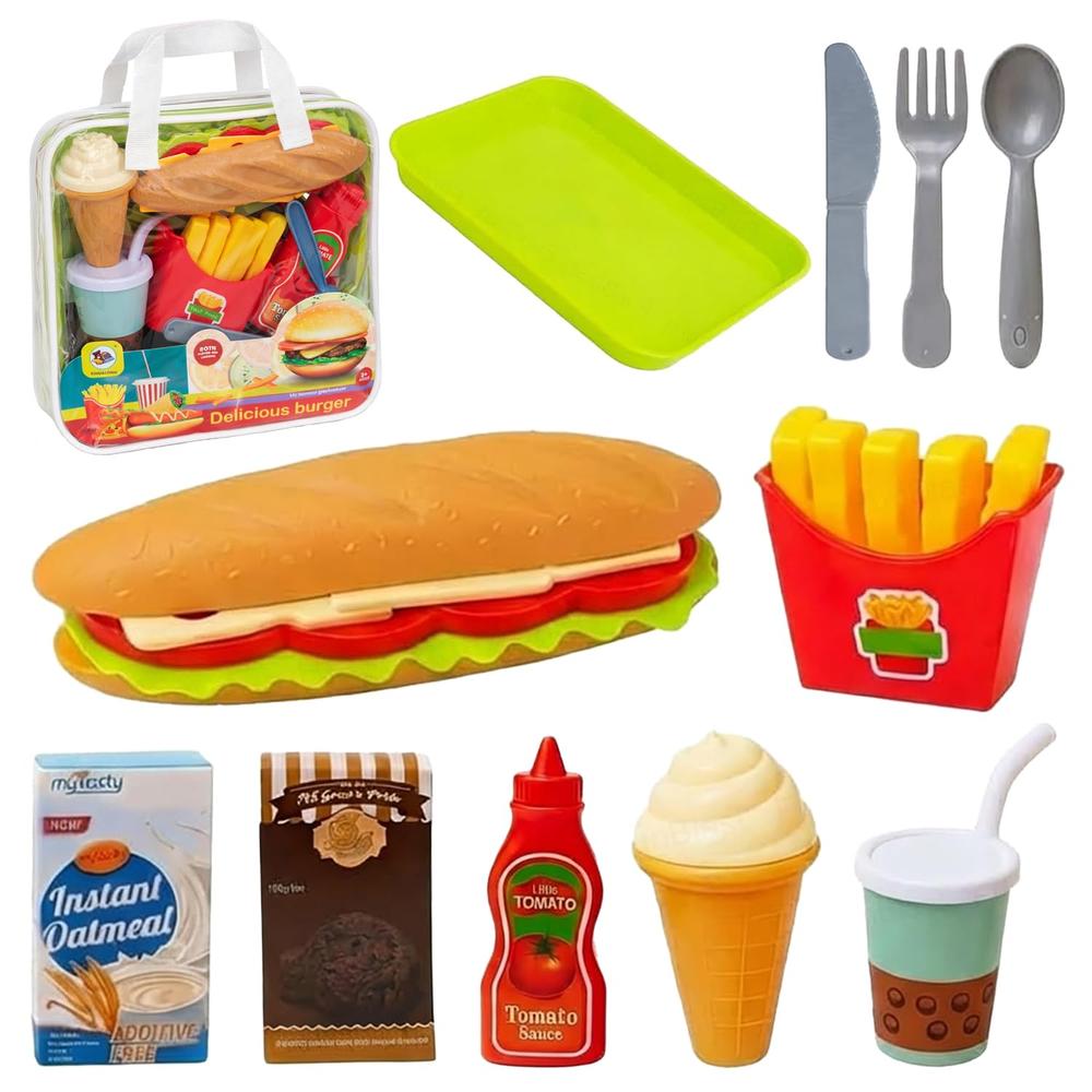 FunBlast Fast Food Play Set for Kids | Pretend Play Food Toys with Snacks, Tray, Accessories & Carry Box  (11 Pieces)