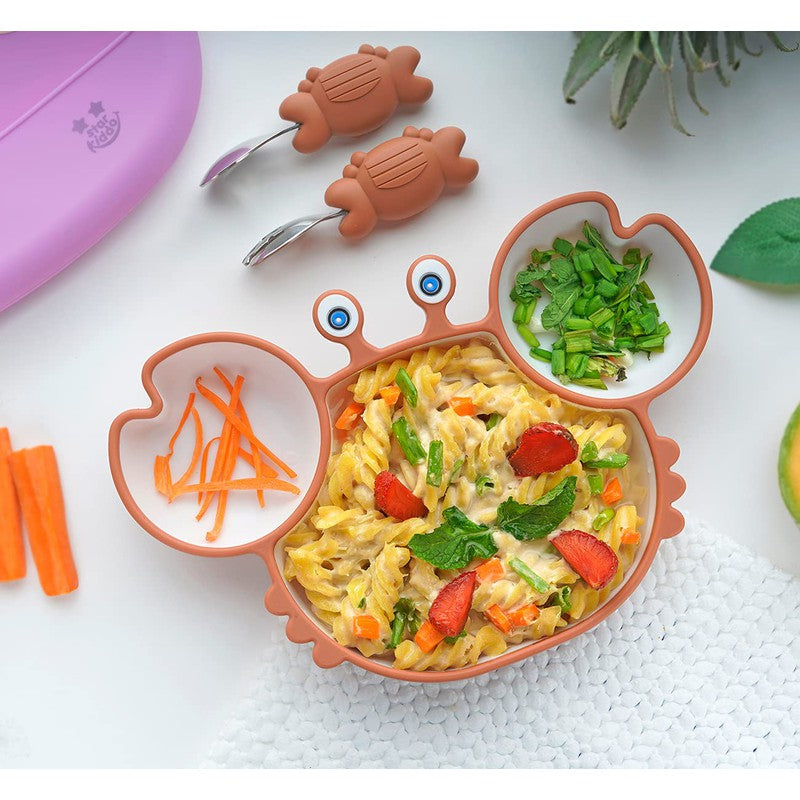Cute Crab Baby Suction Silicon Plate with Easy Grip Handle Spoon, Fork and Cute Adjustable Bib (Brown, Beige)