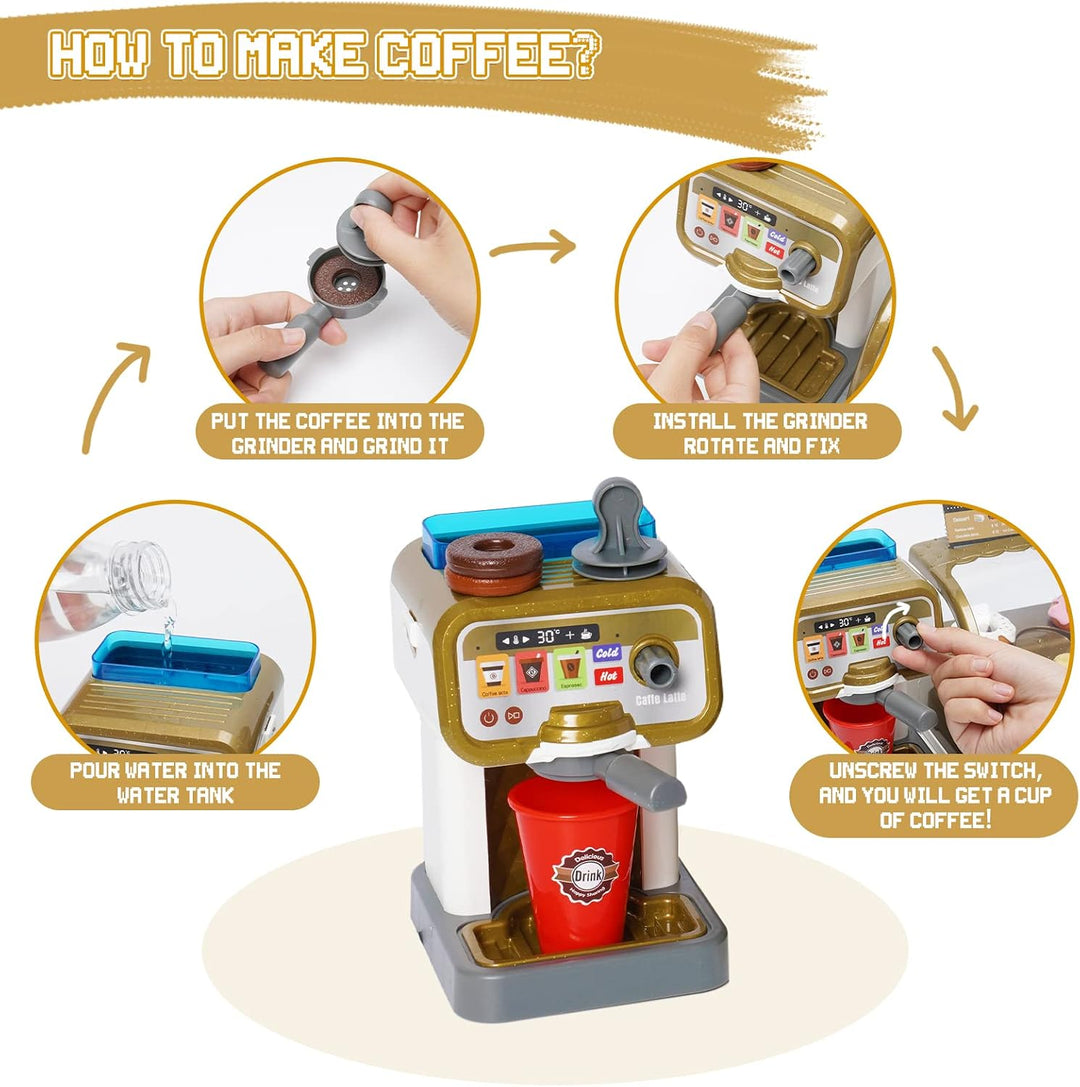 Coffee Shop Pretend Play Set | Kids Coffee Maker with Sound & Water Feature | Cash Register & Dessert Role Play Toy