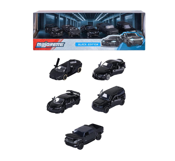 Set of 5 Licensed Majorette Diecast Cars (Black Edition) -  Bugatti Chiron Pur Sport, Lamborghini Sián FKP 37, Toyota GR Supra, Land Rover Defender 90, GMC Hummer EV