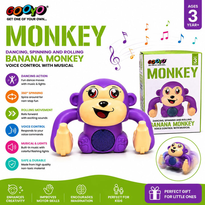 Gooyo Banana Monkey Toy for Kids | Dancing, Rolling & Spinning Monkey with Music | Interactive Toy - Blue
