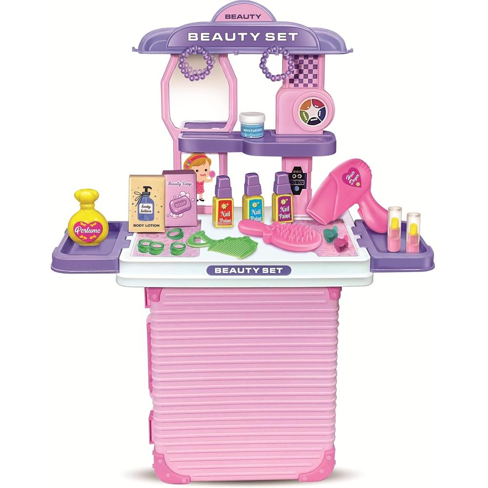 Mamma Mia Beauty Set 2-in-1 Makeup Vanity & Pull-Along Suitcase for Girls | Pretend Play Beauty Salon Kit with Accessories
