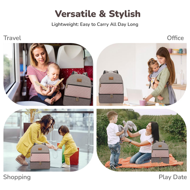R for Rabbit Caramello Truffle Large Capacity Diaper Bag with Stroller Attachment - Grey Pink