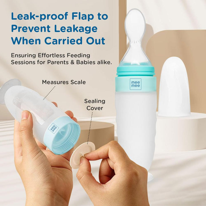 Mee Mee Squeezy Silicone Mini Meal Spoon Food Feeder  with Standing & Suction Base | Easy Grip & Bite Resistant