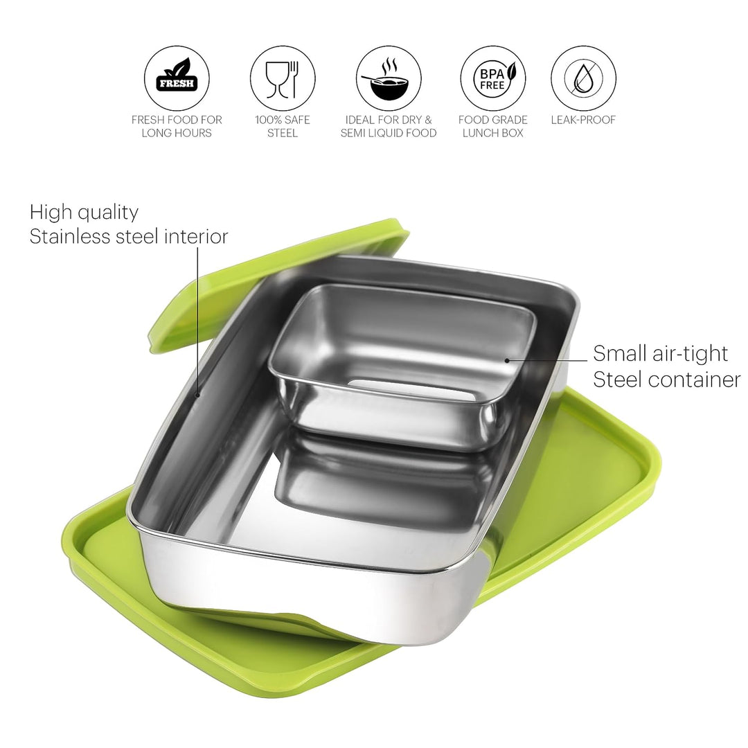 Cello Stainless Steel Max Steel Lunch Box with Air-Tight Lid - 2 Units (200ml, 1.1L) | Green