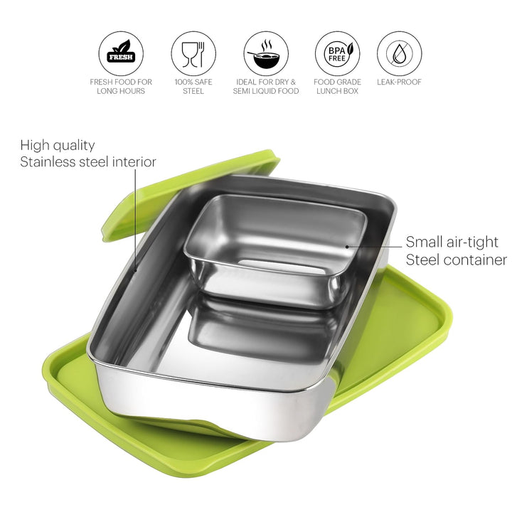 Cello Stainless Steel Max Steel Lunch Box with Air-Tight Lid - 2 Units (200ml, 1.1L) | Green