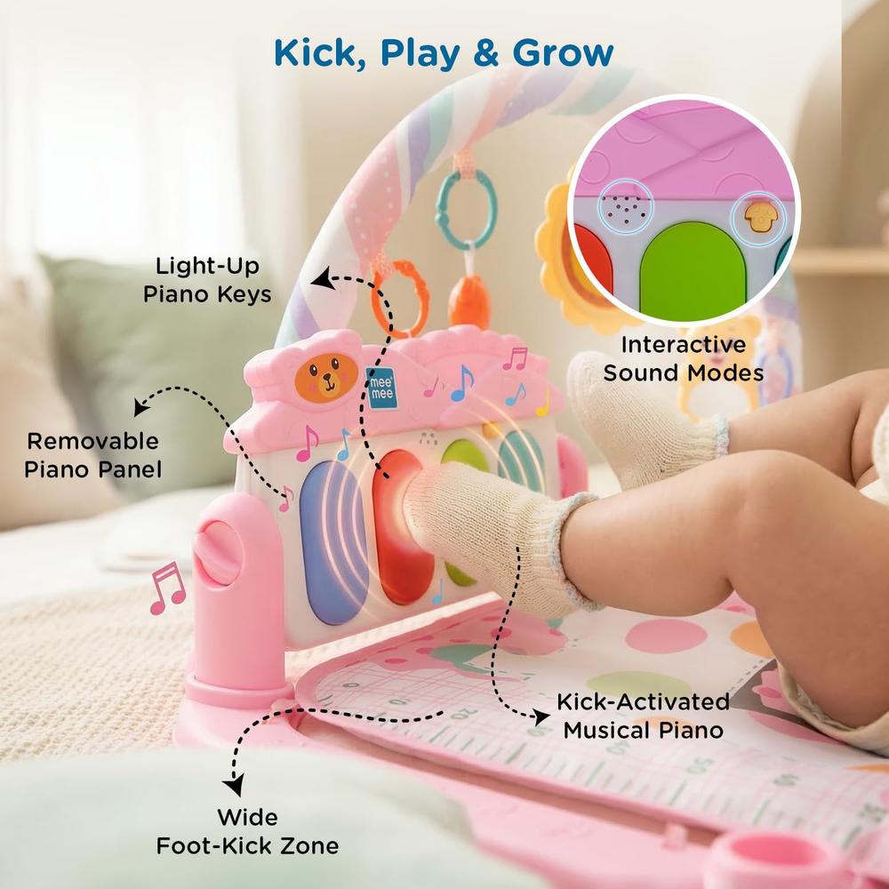 Mee Mee Melody Mat Interactive Playmat & Activity Gym | 3-in-1 Kick & Play Musical Piano Mat with Lights with Hanging Rattle Toys & Teethers - Pink