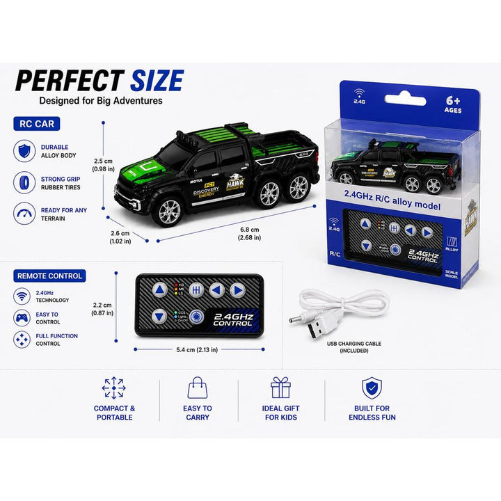 6-Wheel Off-Road Remote Control Mini Pickup Diecast Truck | 1:64 Scale