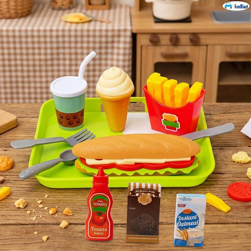 FunBlast Fast Food Play Set for Kids | Pretend Play Food Toys with Snacks, Tray, Accessories & Carry Box  (11 Pieces)