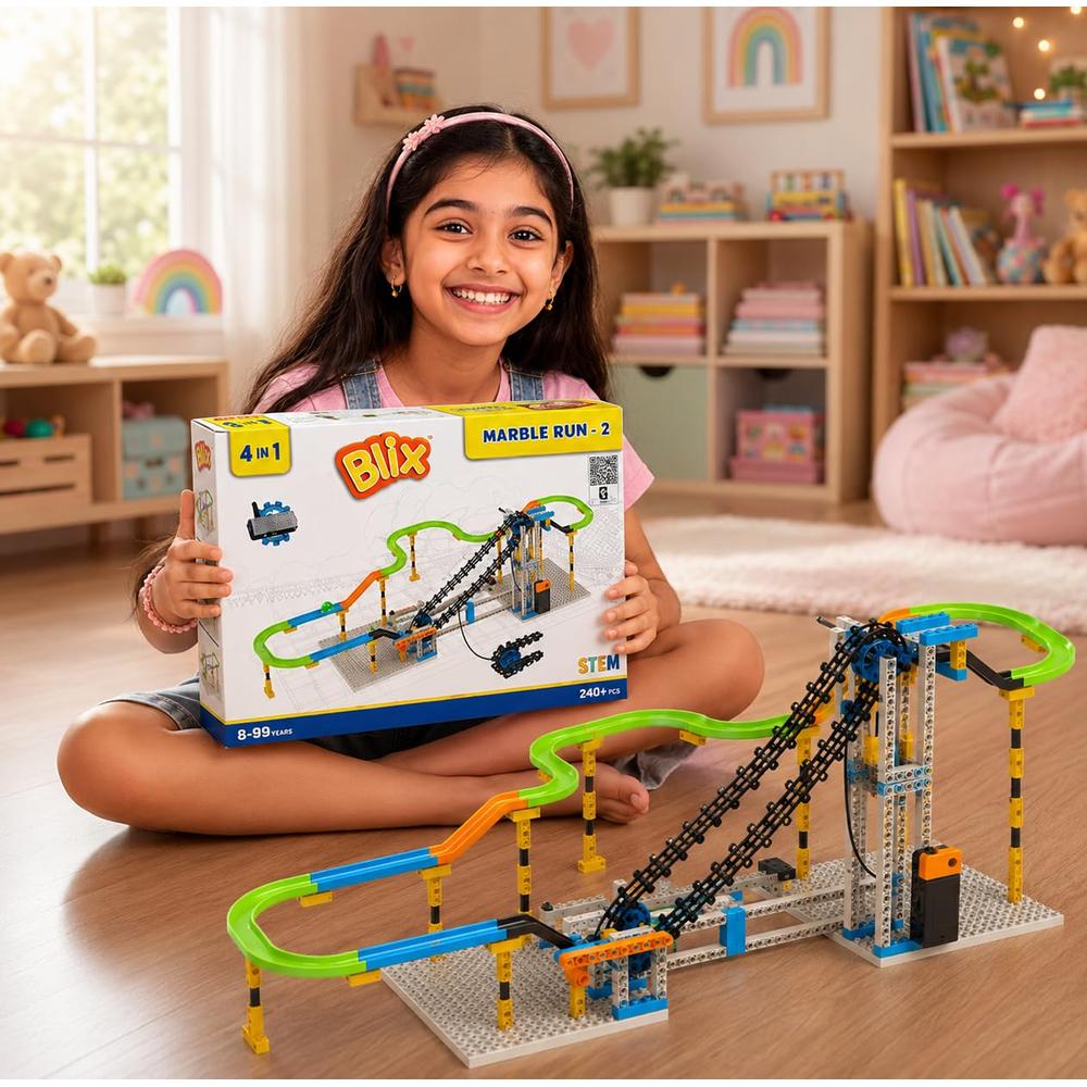 Blix Marble Run 2 Building Blocks | Motorised Conveyor Marble Track | 4 in 1 | STEM Learning & Creative Building Toy | 220+ Pieces