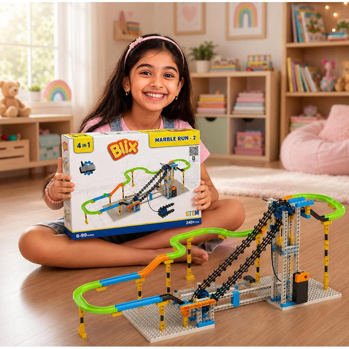 Blix Marble Run 2 Building Blocks | Motorised Conveyor Marble Track | 4 in 1 | STEM Learning & Creative Building Toy | 220+ Pieces