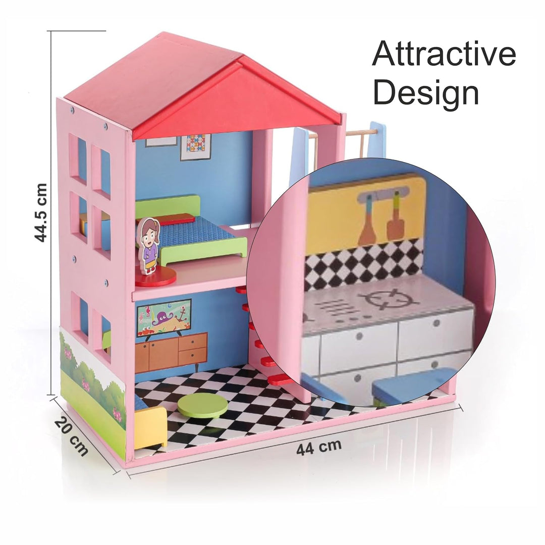 Chanak Big Wooden My Doll House | 4-Room Pretend Play Set | 16 Pieces