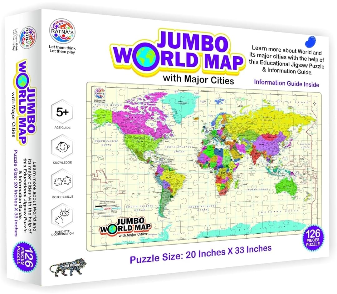 Ratna's Jumbo World Map with Major Cities - Jigsaw Puzzle | 126 Pieces