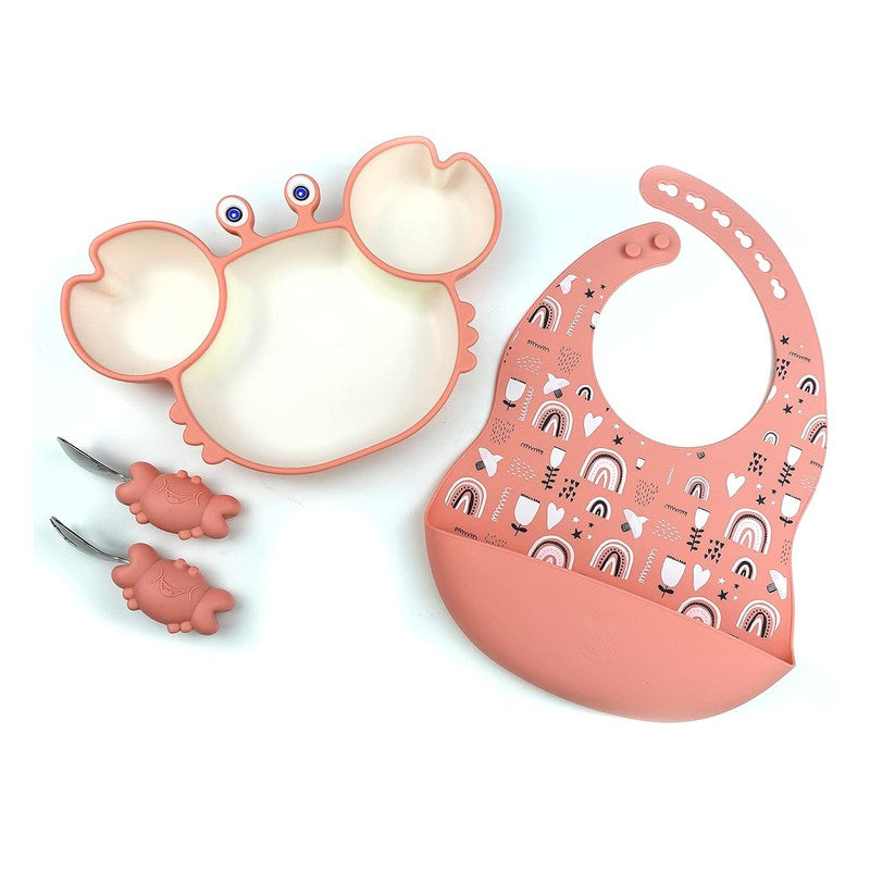 Cute Crab Silicon Weaning Set | Suction Plate for baby | Easy Grip Handle Spoon & Fork | Adjustable Printed Bib | Pink (Combo)