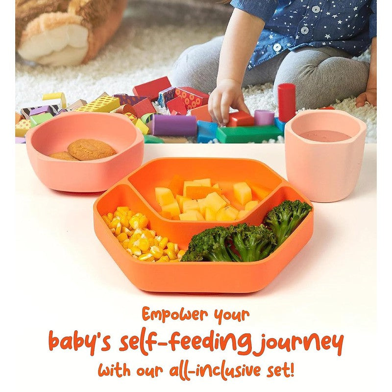 Complete Toddler Feeding Set: Essential Items for Your Little One's Mealtime Delights | Multi-Portion Suction Plate | Suction Bowl | Trainer Cup | Trainer Spoon & Fork (Amber Magic)
