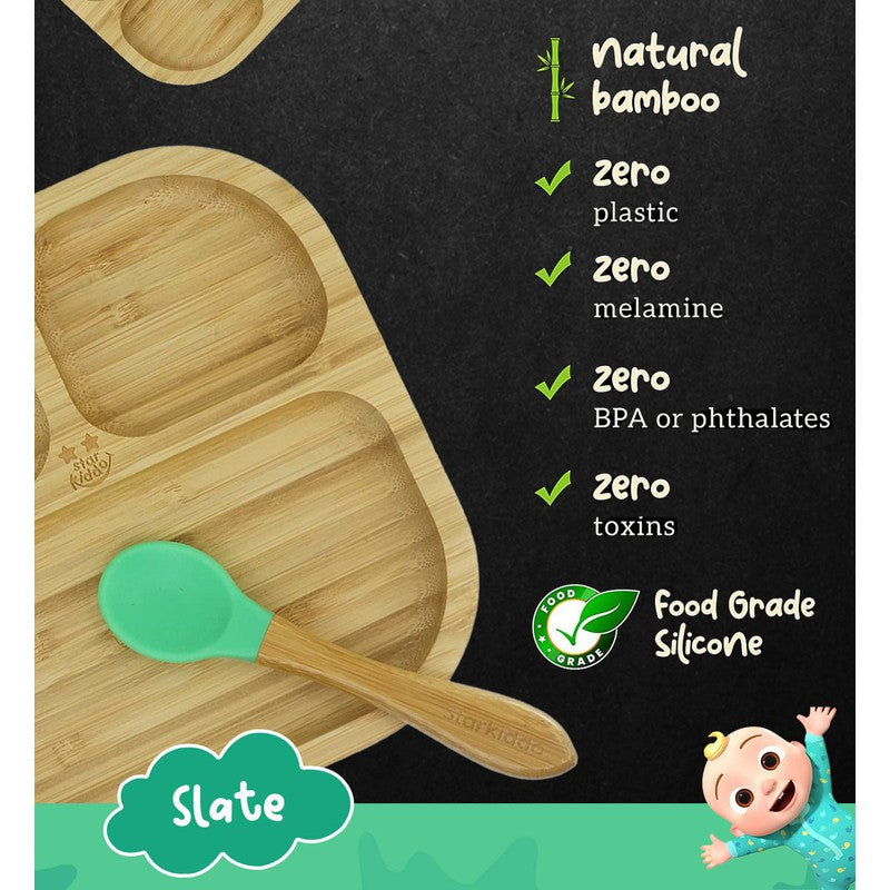 Slate Bamboo Suction Plates for Baby and Toddler| Weaning Spoon and Cute Adjustable Printed Bib | Green, Beige