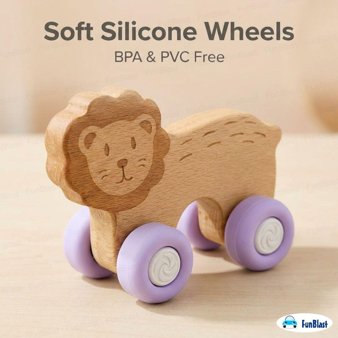 FunBlast Lion Wooden Baby Teether with Silicone Wheels | Montessori Teething Push Toy for Babies and Toddlers (Purple)