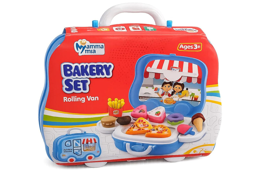 Mamma Mia Bakery Rolling Van Pretend Play Set with Toy Food | Portable Suitcase Kitchen Set