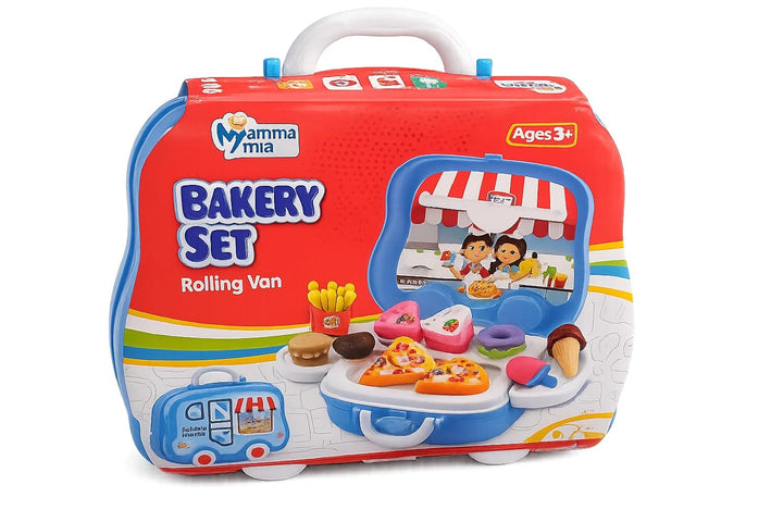 Mamma Mia Bakery Rolling Van Pretend Play Set with Toy Food | Portable Suitcase Kitchen Set