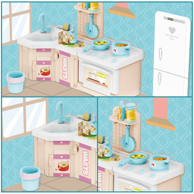 DIY Kitchen Room Wooden Doll House with Plastic Furniture, Dollhouse