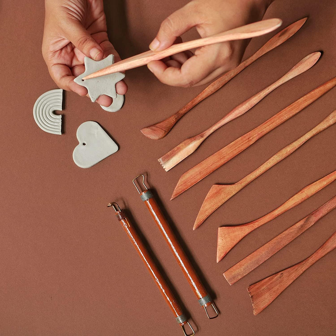 Premium Wooden Clay Modelling Tool Set - 10 Double-Ended Pottery Craft Tools for Scultping, Carving, Modeling and More