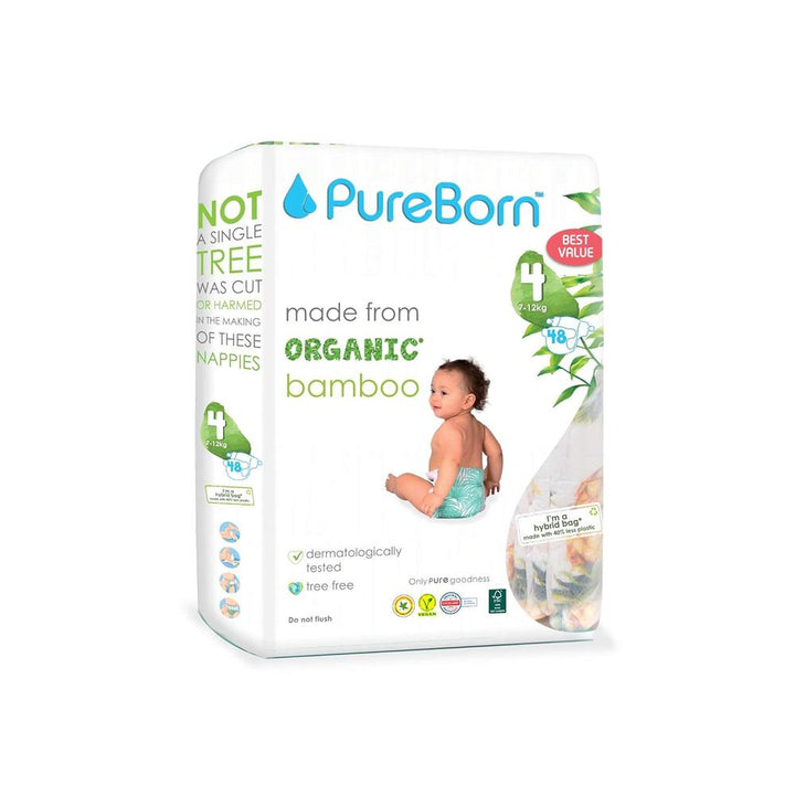 PureBorn Organic Bamboo (Size-4) Baby Disposable Diapers | 48 Pieces | 7-12 kgs