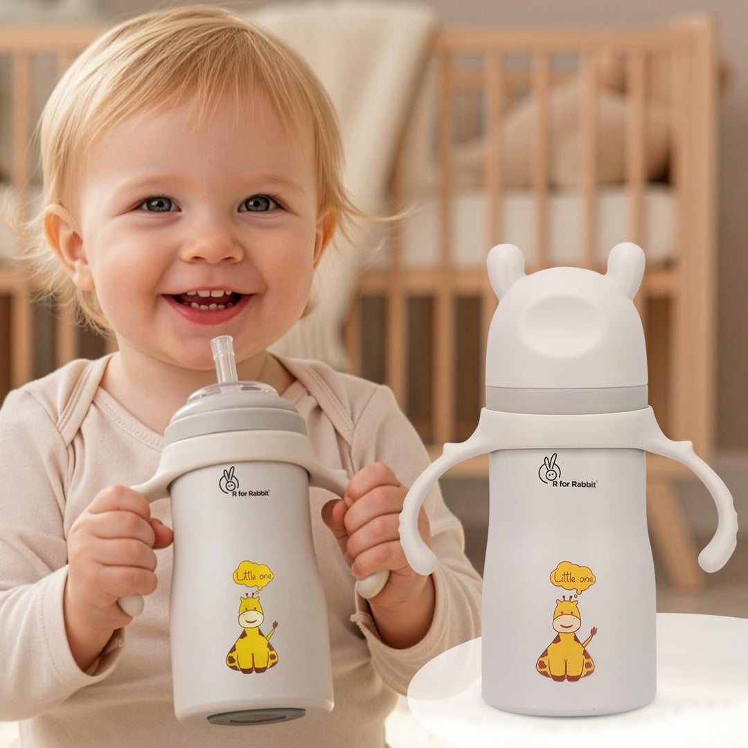 R for Rabbit Steebo Tiny Tales 2 in 1 Spout and Straw Sipper Stainless Steel Bottle - 270ml | Beige