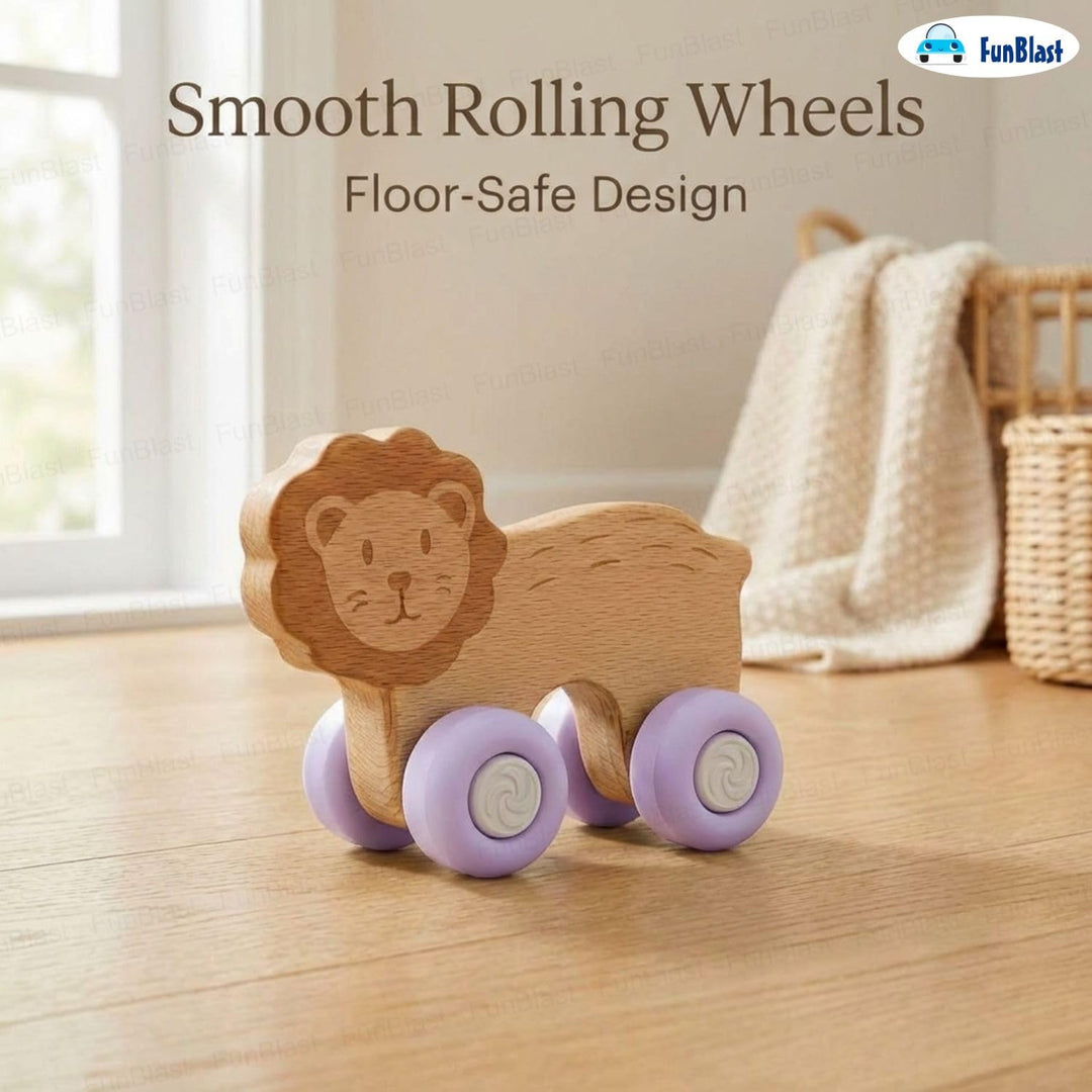 FunBlast Lion Wooden Baby Teether with Silicone Wheels | Montessori Teething Push Toy for Babies and Toddlers (Purple)
