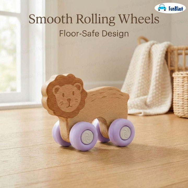 FunBlast Lion Wooden Baby Teether with Silicone Wheels | Montessori Teething Push Toy for Babies and Toddlers (Purple)