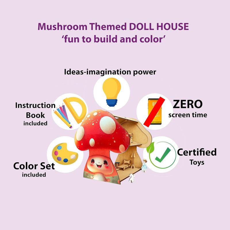 DIY Kit Mushroom Themed Dollhouse with Miniatures & Furniture Set, Includes Family Set, Swing for Baby, Pet Animals & Bike for Perfect Fun Role Play