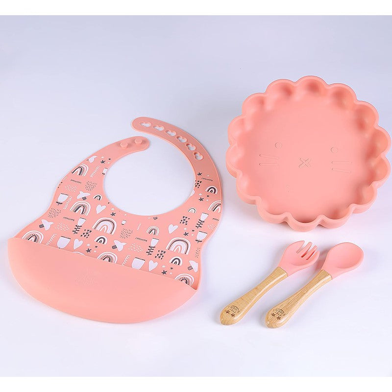 Simba Feeding Set – The Lion Cub Silicon Grip Plate with Themed Silicon Bib and Trainer Fork & Spoon Set - Pink