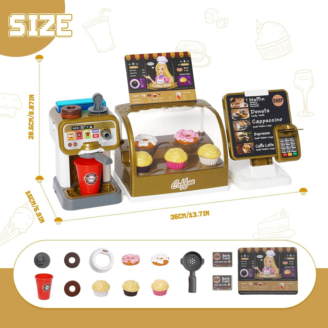 Coffee Shop Pretend Play Set | Kids Coffee Maker with Sound & Water Feature | Cash Register & Dessert Role Play Toy