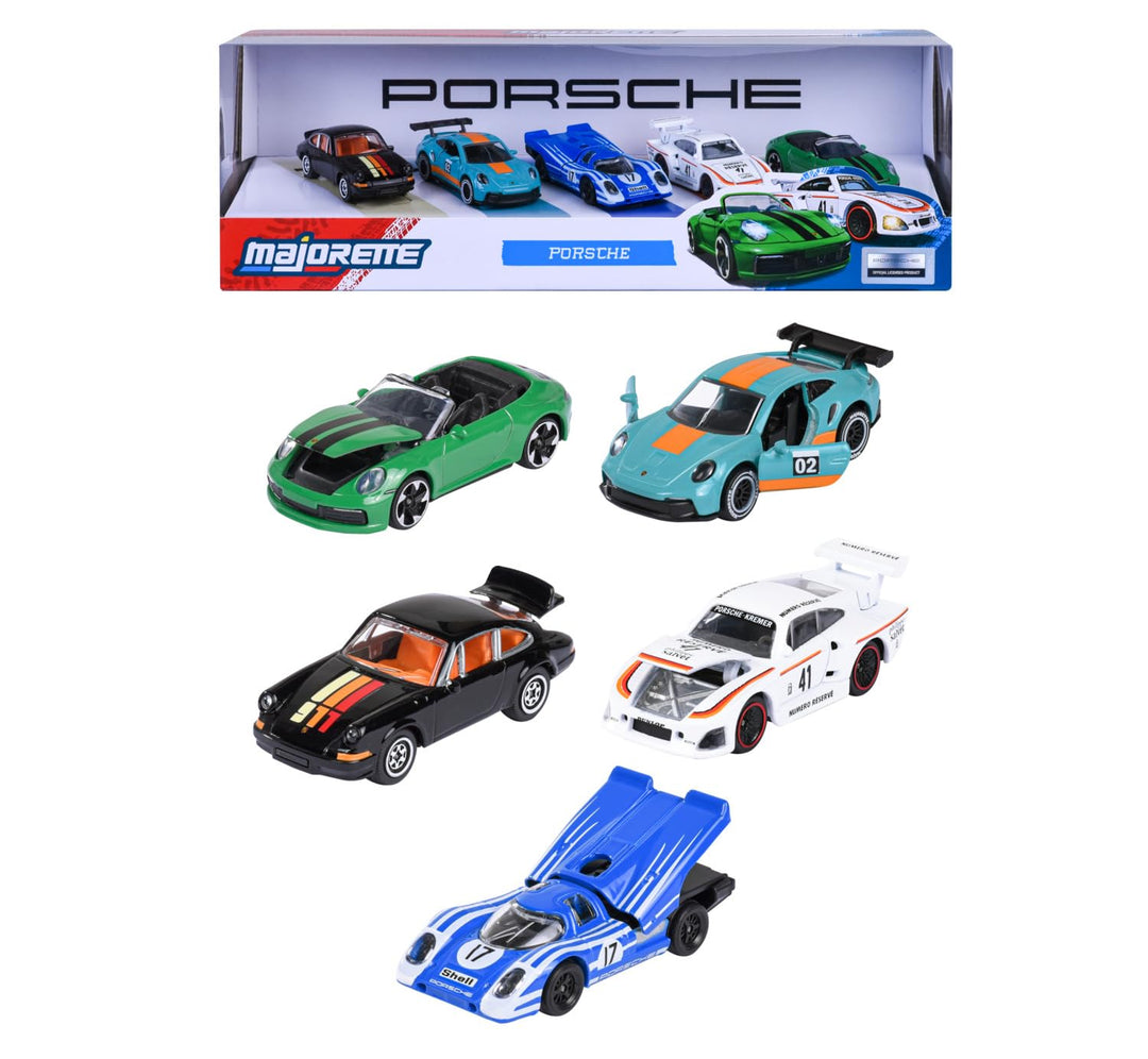 Set of 5 Licensed Majorette Diecast Cars (Porsche) - Porsche 917, Porsche 911 Carrera RS 2.7, Porsche 911 Carrera S, Porsche 935 K3, Porsche 911 GT3 Cup (992)