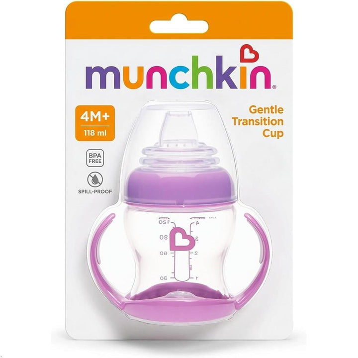 Munchkin Gentle Transition Cup- 118 ml (Purple) | Soft Silicone Spout Sippy Cup for Babies | Removable Easy-Grip Handles