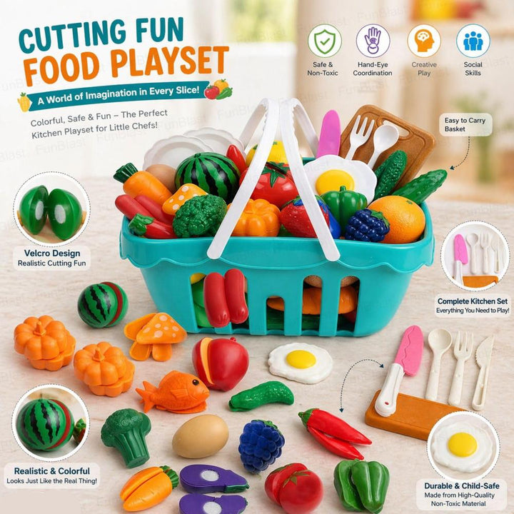 FunBlast Fruits & Vegetables Play Set | Sliceable Cutting Pretend Play Kitchen Toys with Basket & Knife | 26 Pieces