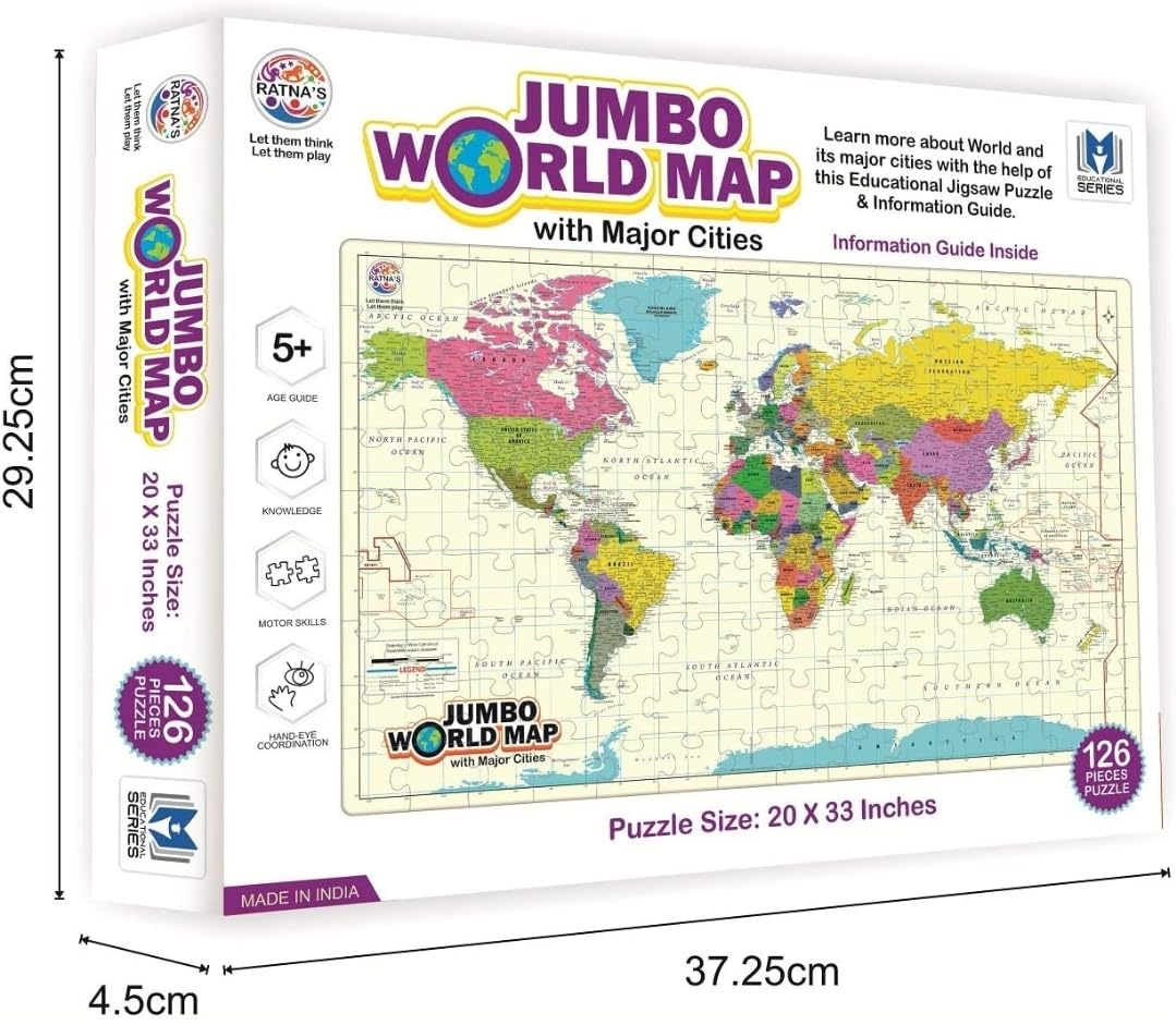 Ratna's Jumbo World Map with Major Cities - Jigsaw Puzzle | 126 Pieces