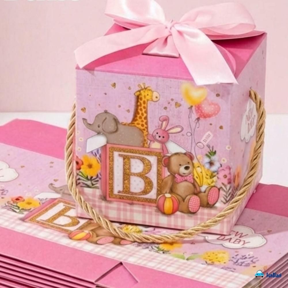 FunBlast Baby Shower Gift Boxes | Paper Folding Gift Boxes with Ribbon & Hanging Thread | Pack of 10