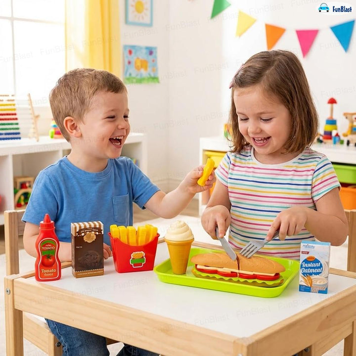 FunBlast Fast Food Play Set for Kids | Pretend Play Food Toys with Snacks, Tray, Accessories & Carry Box  (11 Pieces)