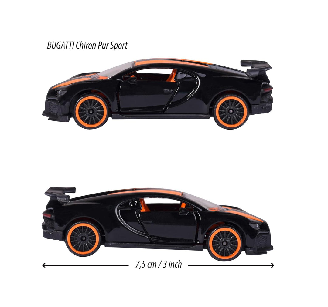 Original Licensed Majorette Bugatti Chiron Pur Sport Diecast Car - Black - Orange
