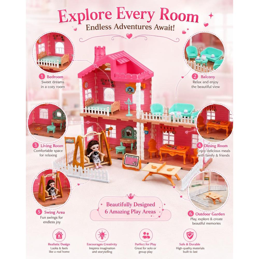 Manku Quiet Cottage Princess Dollhouse with Water Mist Spray Chimney & Light | DIY Pretend Play Set | 132-Pieces