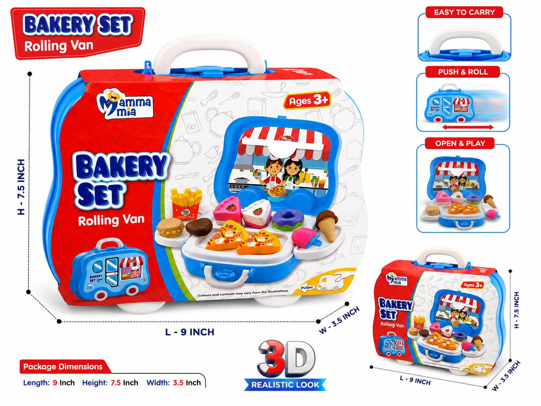 Mamma Mia Bakery Rolling Van Pretend Play Set with Toy Food | Portable Suitcase Kitchen Set