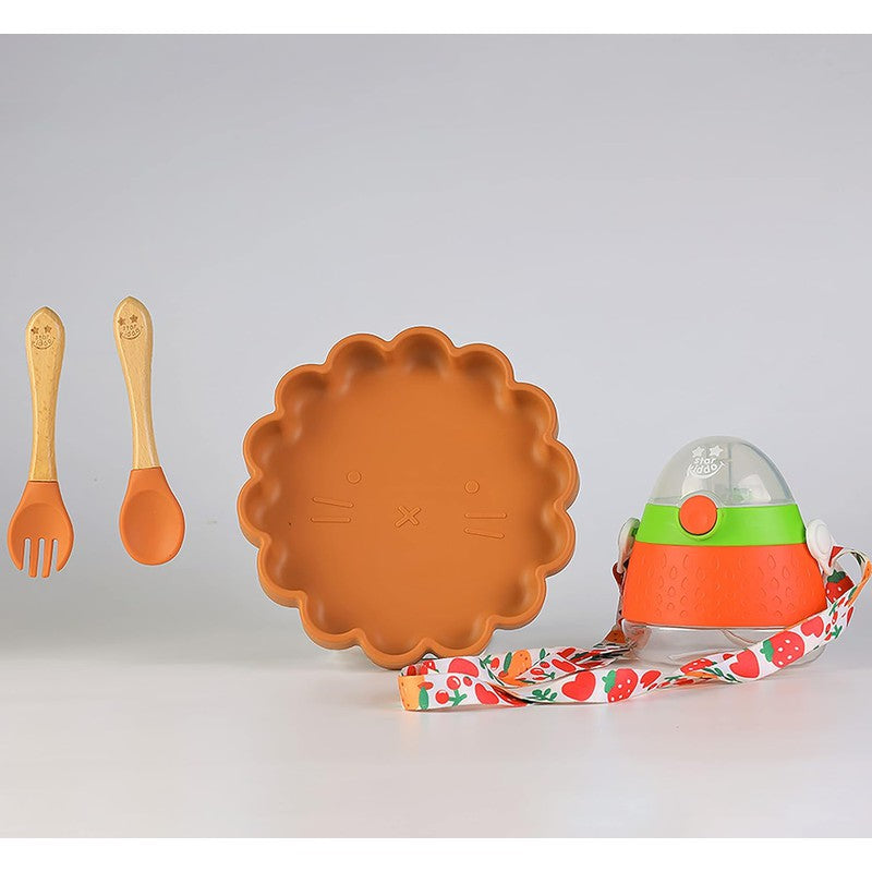 The Baby Led Weaning Supplies Collection of Cute Simba Suction Plate, Sippy Cup and Trainer Spoon & Fork (Brown - Red)