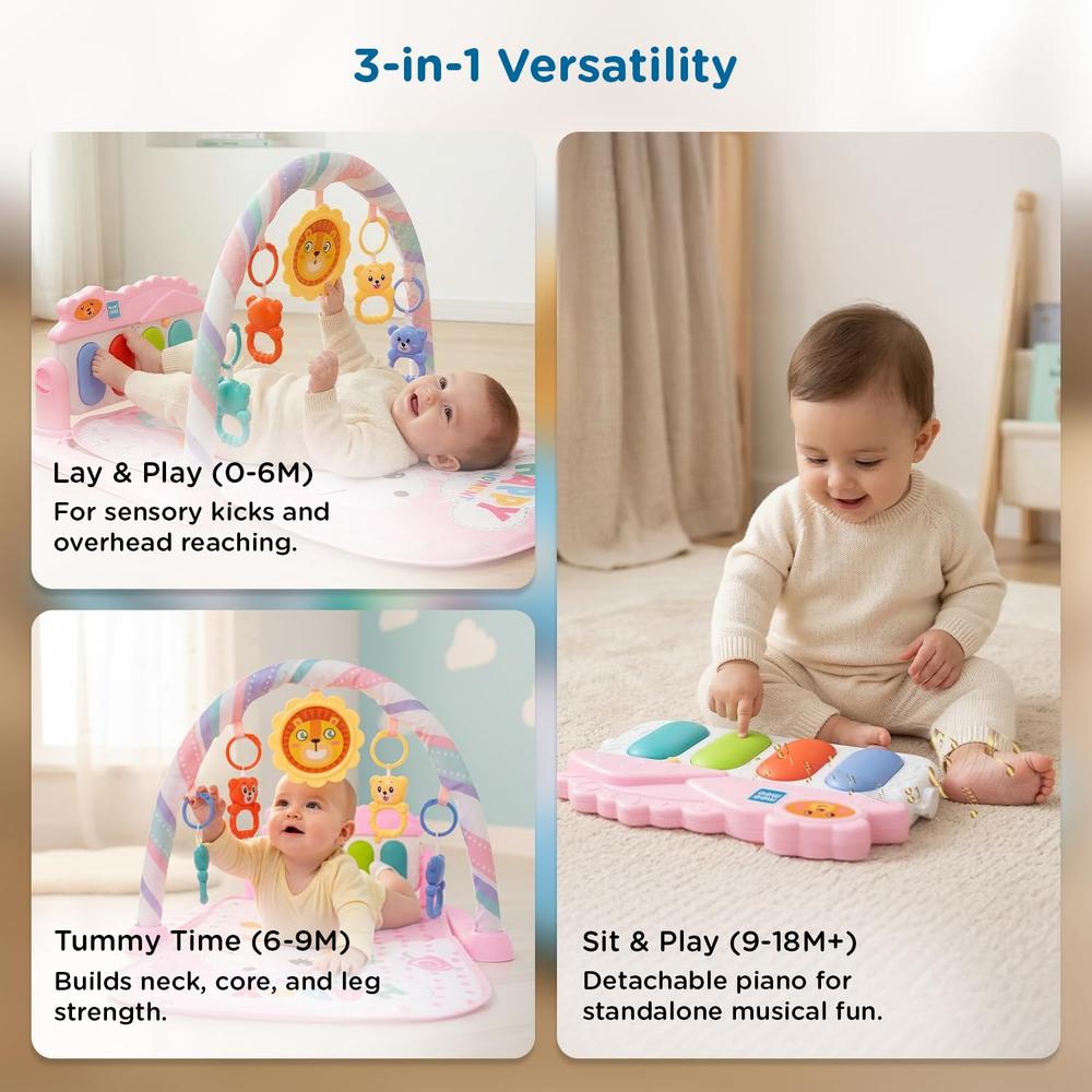 Mee Mee Melody Mat Interactive Playmat & Activity Gym | 3-in-1 Kick & Play Musical Piano Mat with Lights with Hanging Rattle Toys & Teethers - Pink