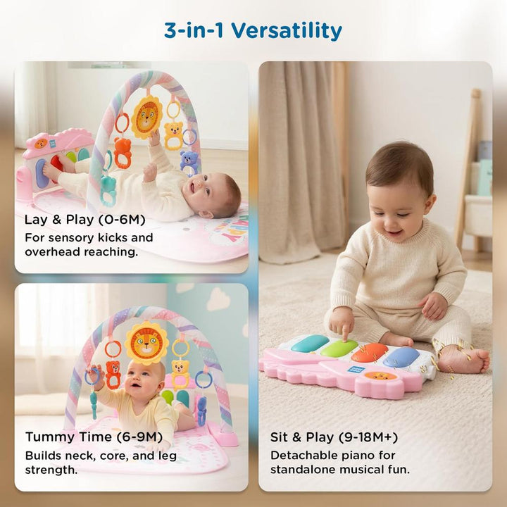 Mee Mee Melody Mat Interactive Playmat & Activity Gym | 3-in-1 Kick & Play Musical Piano Mat with Lights with Hanging Rattle Toys & Teethers - Pink