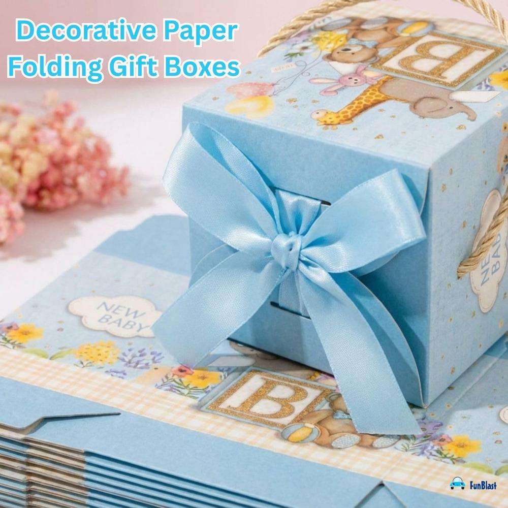 FunBlast Baby Shower Gift Boxes | Paper Folding Gift Boxes with Ribbon & Hanging Thread | Pack of 10