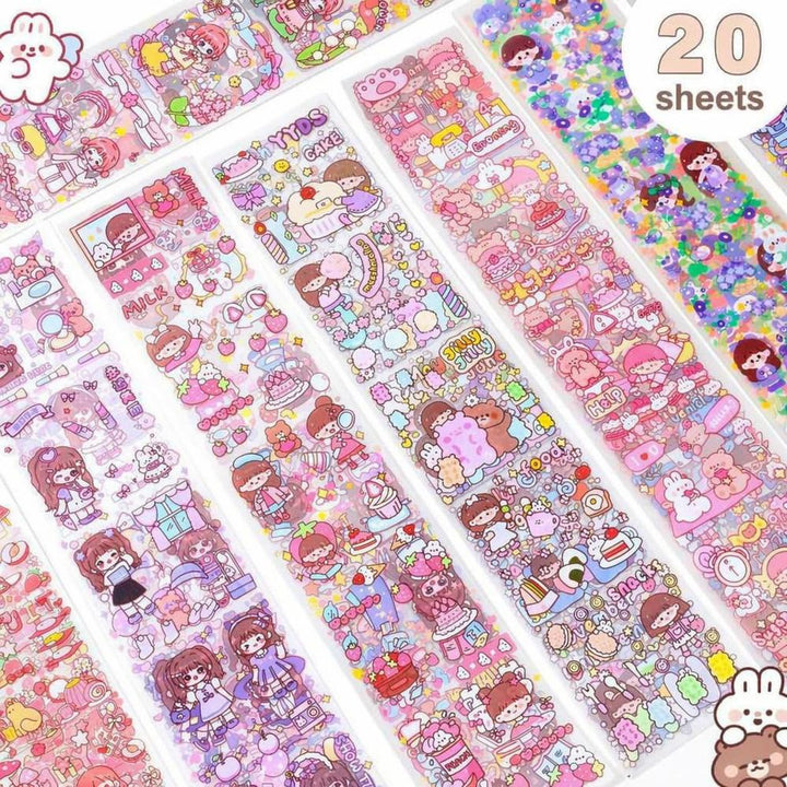 FunBlast Cute Cartoon Theme Kawaii Stickers | Japanese Style Self-Adhesive Stickers for Journals, Crafts | 20 Sheets