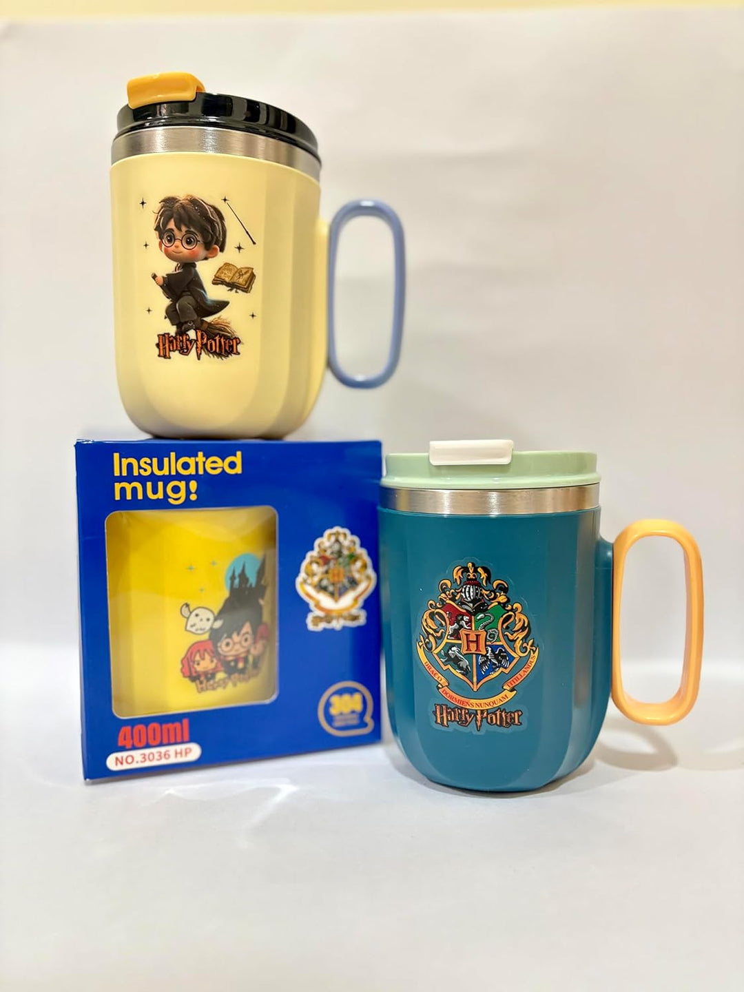 Harry Potter Theme Insulated Mug with Lid and Straw - 400ml | Stainless Steel | Lime Yellow